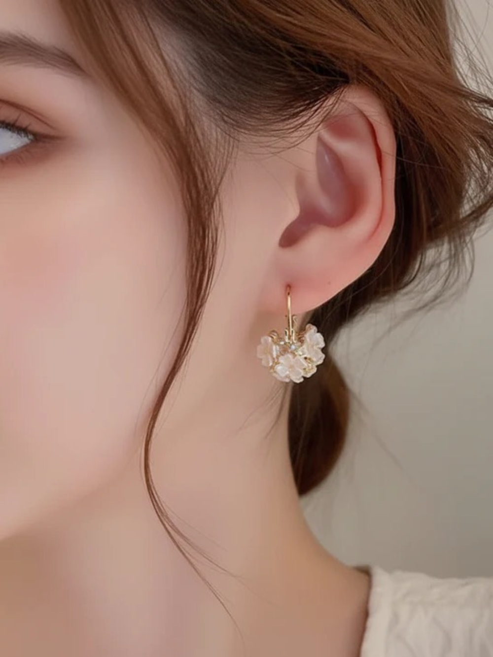 Gold Floral Pearl Drop Earrings - Picture 3 of 5